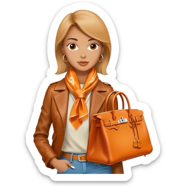 Elegant and tan woman wearing a leather Hermes jacket and a silk scarf around her neck. She has an orange Hermes Birkin Bag. I want the image to be close up, starting from the waist up.  sticker
