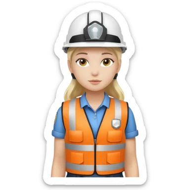 Girl full body standing with her white security helmet and security vest on sticker