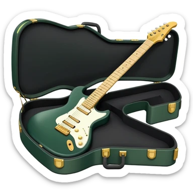 minimalist electric guitar in dark green, closed inside a black rectangular hard case with gold latches, soft matte textures, simplified details, ready-to-play symbol sticker