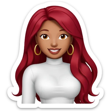 Megan Thee Stallion with long dark red hair, white outfit sticker