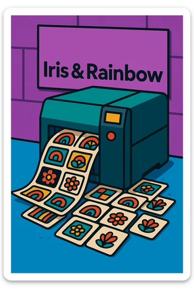 Change the background color behind the 'Iris & Rainbow' logo to purple. Do not add a rainbow to the logo. Keep the rest of the scene the same: a printer rapidly printing many labels, colorful and modern. sticker