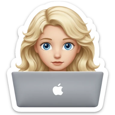 blond girl, blue eyes, hair wavy, , behind her silver colored laptop from apple, she looks straight infront of her, looks a bit taller sticker