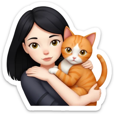 A black-haired girl hugs a ginger cat and A black cat sticker
