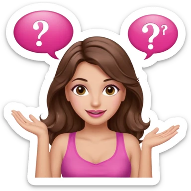 girl with long wavy brown hair, brown eyes, long lashes makeup, sexy pink lips, light to medium complexion, wearing a pink sexy top, shugging, smiling, question mark one speech bubble sticker