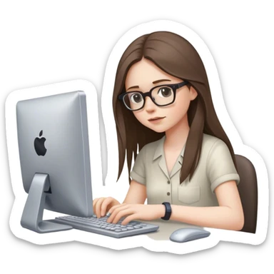 pale brunette girl in glasses with long hair works on computer looking down sticker
