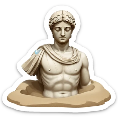 Sunken ancient Greek statue partially buried in sand, underwater with bubbles, partial head and torso of classical statue sticker