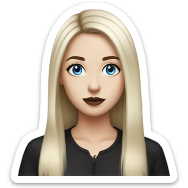 waist-length portrait, look up, Slavic adult woman, goth eyes makeup, blue eyes, medium bob black-to-blonde ombre straight hair, white T-shirt and black office jacket. sticker