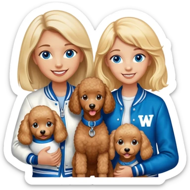 smiling mother in letterman jacket with W and Blue eyes, two Little girls Long blond straight hair and Blue eyes, one brown poodle puppie sticker