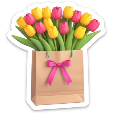 a white paper bag filled with pastel pink tulips, tied with a pink ribbon, soft pastel colors, smooth shadows, simple and minimalistic, 3D iOS emoji style sticker