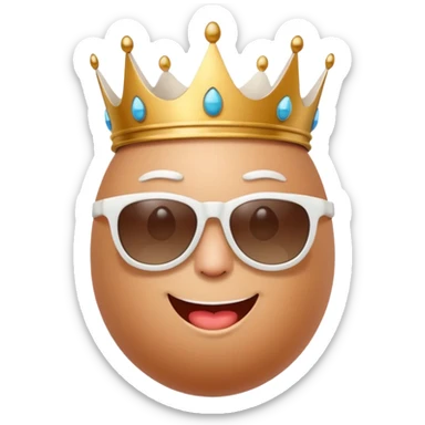 a funny, proud cartoon-style egg character wearing sunglasses and a small broken crown, solid orange background. sticker