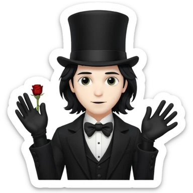 Male Goth with Top short Hat
 Wavy shoulder-length hair, white skin, black suit and gloves, pale skin tone,  sticker