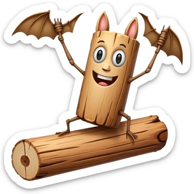 The character is an anthropomorphic wooden log with a cartoonish face, human arms and legs, and a long wooden bat, giving it a surreal, humorous appearance. sticker