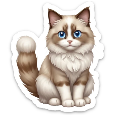 cinematic-[brown and white ragdoll cat]-realistic-full-body-sitting-emoji,-tail-curled-playfully-around-its-paws,-head-tilted-dramatically,-fluffy-[brown and white]-fur,-simplified-yet-realistic-focused-features,-highly-detailed,-glowing-with-an-almost-sarcastic-glow, with blue eyes sticker