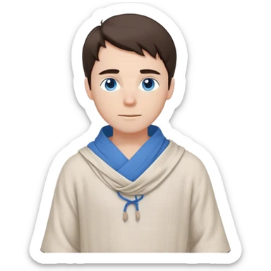 medieval spring outfit worn by a DnD themed fantasy male character. simple linen tunic with a drawstring neckline, paired with a lightweight wool shoulder wrap for mild breezes. clothes only above the waist. The clothes full waist. The character's haven't arms. character is white-skinned, dark brown hair, blue eyes, medium-length straight hair. sticker