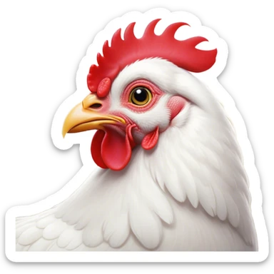 Cinematic Noble White Chicken Portrait Emoji, Poised and regal, with a compact, sturdy build and a pristine, well-groomed pure white plumage, deep-set soulful beady eyes, Simplified yet sharp and sophisticated features, highly detailed, glowing with a soft, dignified glow, high shine, intelligent and alert, stylized with an air of barnyard elegance, focused and attentive, soft glowing outline, capturing the essence of a watchful and confident fowl, so majestic it feels as though it could strut out of the screen with effortless authority! sticker