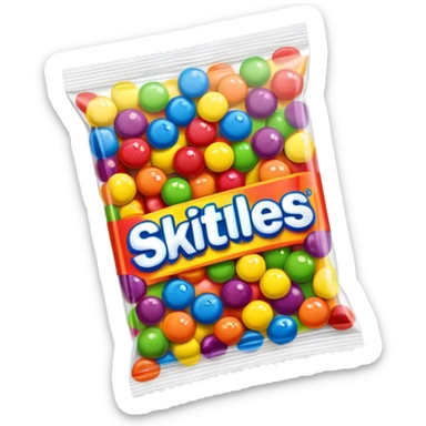 A Skittles candy package with clear adhesive tape wrapped around it, colorful rainbow packaging, minimalist design, sealed with scotch tape sticker