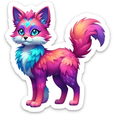 Vibrant multicolored neon-colored Falvie-Fionbri-creature-sparkle-feline-canine-hybrid-fursona, full body, fur pattern-markings sticker