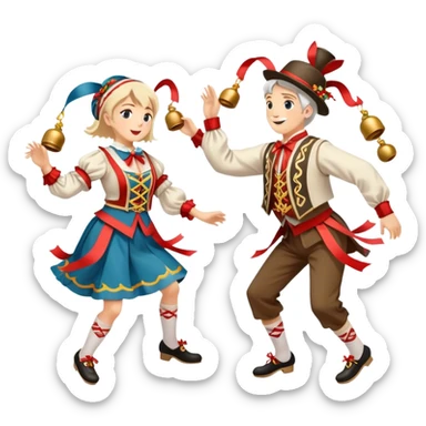 Cinematic Realistic scene of two performers executing a Morris Dance in full traditional costume—with bells, ribbons, and clogs—captured in dynamic motion against a rustic English backdrop and warm, golden lighting sticker