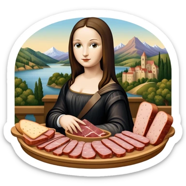  mona lisa with SPAM MEAT charcuterie tray renaissance landscape sticker