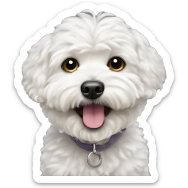 White Maltipoo dog that is smiling and you can see one snaggle tooth on the bottom part of the mouth hanging out  sticker