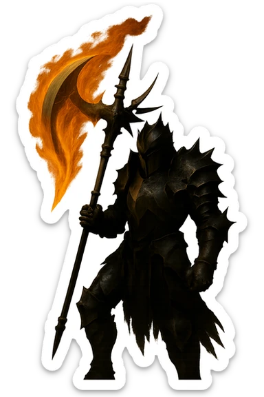 Remove the background, keep only the scary knight holding the super realistic flaming halbert, preserve all details. The style should remain consistent with the original image's realistic and detailed look. sticker
