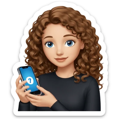 generate a pretty woman with blue eyes, light skin and medium brown long wavy almost curly shiny hair holding a phone she is looking at the phone while looking down at the screen. she is wearing an ALL black long sleeve. she is smiling sticker