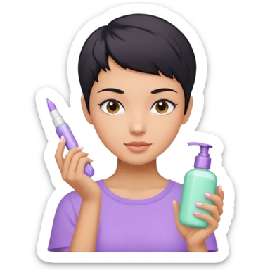 tan girl with pastel purple shirt with black hair & a pixie, doing her skin care sticker