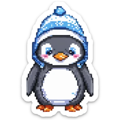 a penguin wearing a sleeping cap and pajamas, pixel art style, cute and cozy sticker