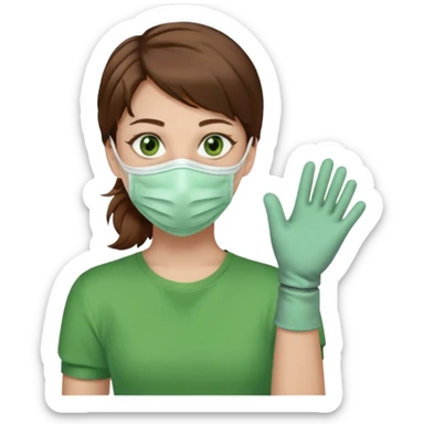 Humano de pelo marrón y ojos verdes, con un cubre boca, que tiene una camisa verde por encima de una remera blanca, y tiene un guante sin dedos en una sola de las manos sticker