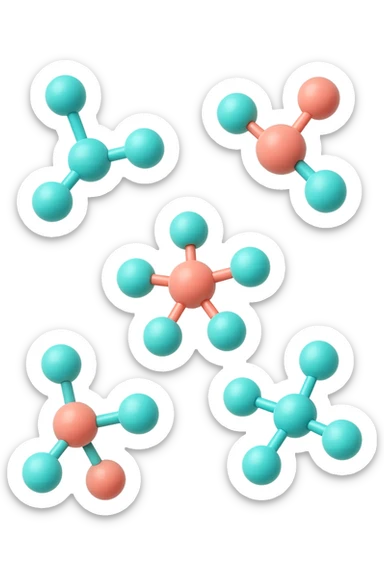 emoji 3d stile iphone di cinque molecole chimiche turchesi e rosa salmone che fluttuano in aria 3d sticker