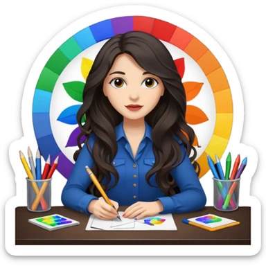 female dark wavy long hair graphic designer , color wheel, pens, papers , desktop sticker