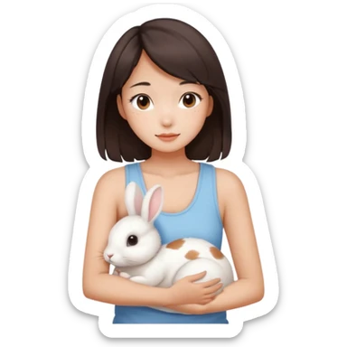 A young Asian woman with dark brown, almost Asian girl with dark brown hair, brown eyes, light Asian skin, add soft makeup and dress in tank top and hugging a one white rabbit with light brown spots, soft and warm atmosphere.
  sticker