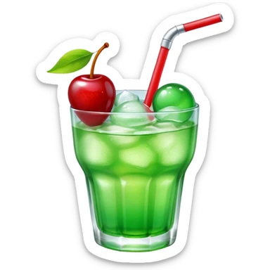 Create an emoji with a very clear rounded glass and ice, bright transparent green soda , a smooth vanilla scoop circle shape, a glossy red cherry, using vibrant colors, soft shading, and clear glass highlights.
 sticker