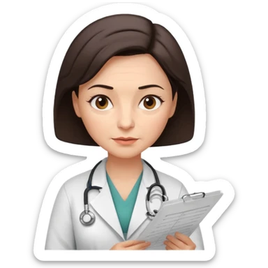 A female doctor in her 50s with visible facial wrinkles, dark brown short bob hair, her body turned slightly at an angle, with her gaze clearly directed downward and fixed on the medical chart she is reviewing. sticker