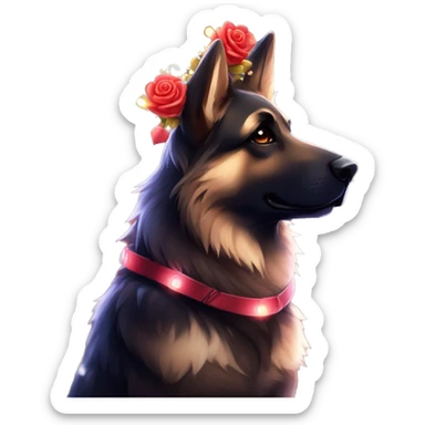 Bokeh Midnight constellation night stars Brindled striped brindle black German shepherd fox carrying glowing red lantern, fairy lights, rose flower crown, bokeh lights, out of focus blur sticker