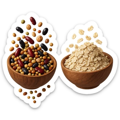 BOWL DI LEGUMI FLUTTUA IN ARIA INSIEME A BOWL DI FIOCCHI DI AVENA,  iperrealistico 4k sticker