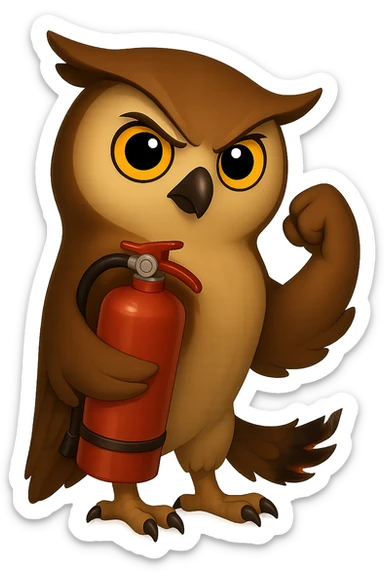 Точно такая же картинка и поза, только в другом крыле сова держит огнетушитель, хвост совы слегка подгорел и от него идет дымок, прозрачный sticker