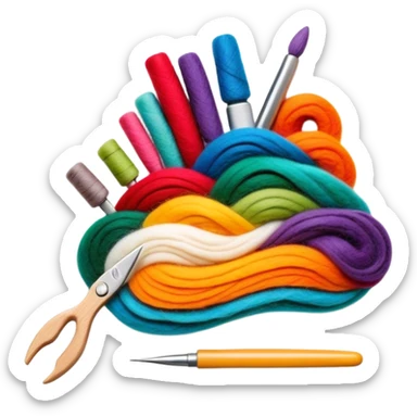 Felt art icon, colorful felt pieces being layered and shaped into a picture or decorative piece, felting needle and tools, intricate felted design in progress, minimalistic style, clean lines, transparent background. sticker