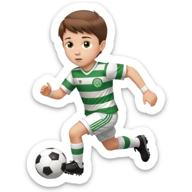 Celtic footballer jersey logo  6 years old brown hair white boy , brown eyes , stripes uniform , RUNNING  with soccer ball is number  17 celtic football logo  ONE CELTIC LOGO ONLY white shorts sticker