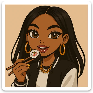 Change the pose to a 20-year-old anime Bratz style woman with dark skin, straight hair, trendy outfit, big expressive eyes, glossy lips, no hat, no tears, happy expression, both eyes open, looking straight ahead, eating a California roll with chopsticks, headshot only. sticker