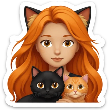 A long-haired girl holding a black cat and an orange long haired cat sticker