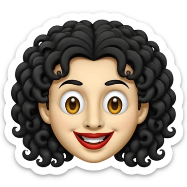generate mask emoji with a big curly black hair 

black coloured  smiling lips and no teeth, long and pointy white nose with no nostrils, pitch black eyes with no pupils, no brows sticker