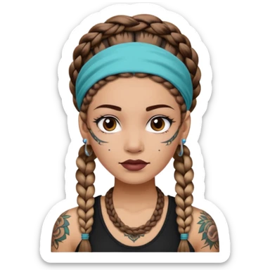 big lose braids starting from the top of the head woman face wiith big visible braids and mono color headband on head  face and braids as big as headband and lots and lots of face tattoos colored tattoos like a tattoo artist hair different color sticker