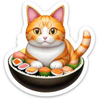 cat sitting in a decorated Easter egg made of sushi, colorful Easter patterns on the sushi egg sticker