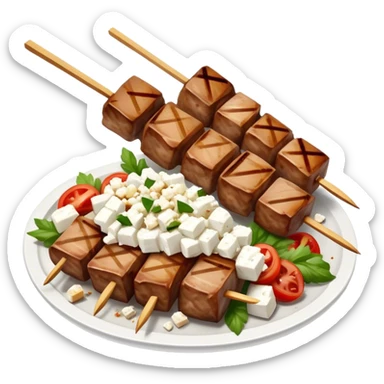 Souvlaki Cinematic Realistic Souvlaki Dish Emoji, depicted as skewered, grilled meat served with a side of crumbled feta cheese, rendered with rich textures and dynamic, appetizing lighting. sticker