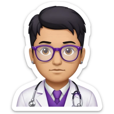 Male doctor tan skin glasses black hair, piercings and tattoos, violet uniform and white bata sticker