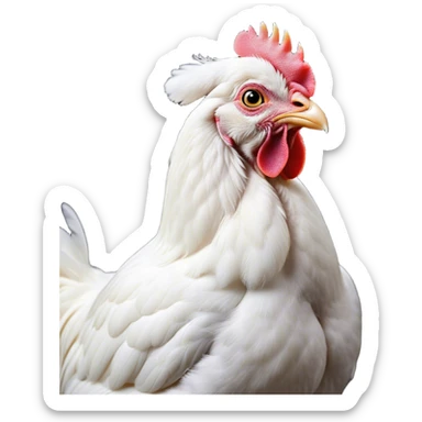 Cinematic Noble White Chicken Portrait Emoji, Poised and regal, with a compact, sturdy build and a pristine, well-groomed pure white plumage, deep-set soulful beady eyes, Simplified yet sharp and sophisticated features, highly detailed, glowing with a soft, dignified glow, high shine, intelligent and alert, stylized with an air of barnyard elegance, focused and attentive, soft glowing outline, capturing the essence of a watchful and confident fowl, so majestic it feels as though it could strut out of the screen with effortless authority! sticker