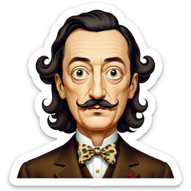 Cinematic Realistic portrait of Salvador Dalí, depicted as a surrealist artist with eccentric, expressive features and his iconic mustache, rendered with vibrant, imaginative lighting and richly detailed period attire that capture his avant-garde essence. sticker