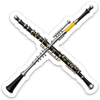 Create an elegant and detailed emoji depicting a black oboe with a cane. The design should showcase the smooth finish of the dark wood oboe with the metal keys clearly visible. A yellow thin bamboo cane should be carefully placed at the top of the instrument, emphasizing its important role in creating sound. Add subtle details such as silver or brass inserts on the keys to emphasize the high quality of the instrument. Use deep black, silver, and wood tones for the oboe to emphasize its refined appearance. The background should be transparent. sticker