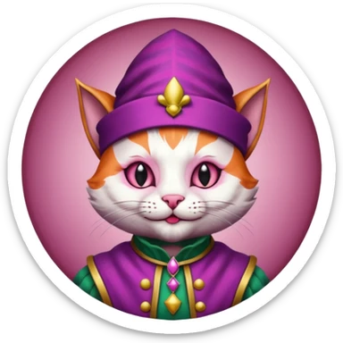 court jester cat medieval, single poker card joker clearly visible, pink, face only, round badge, court jester cap sticker